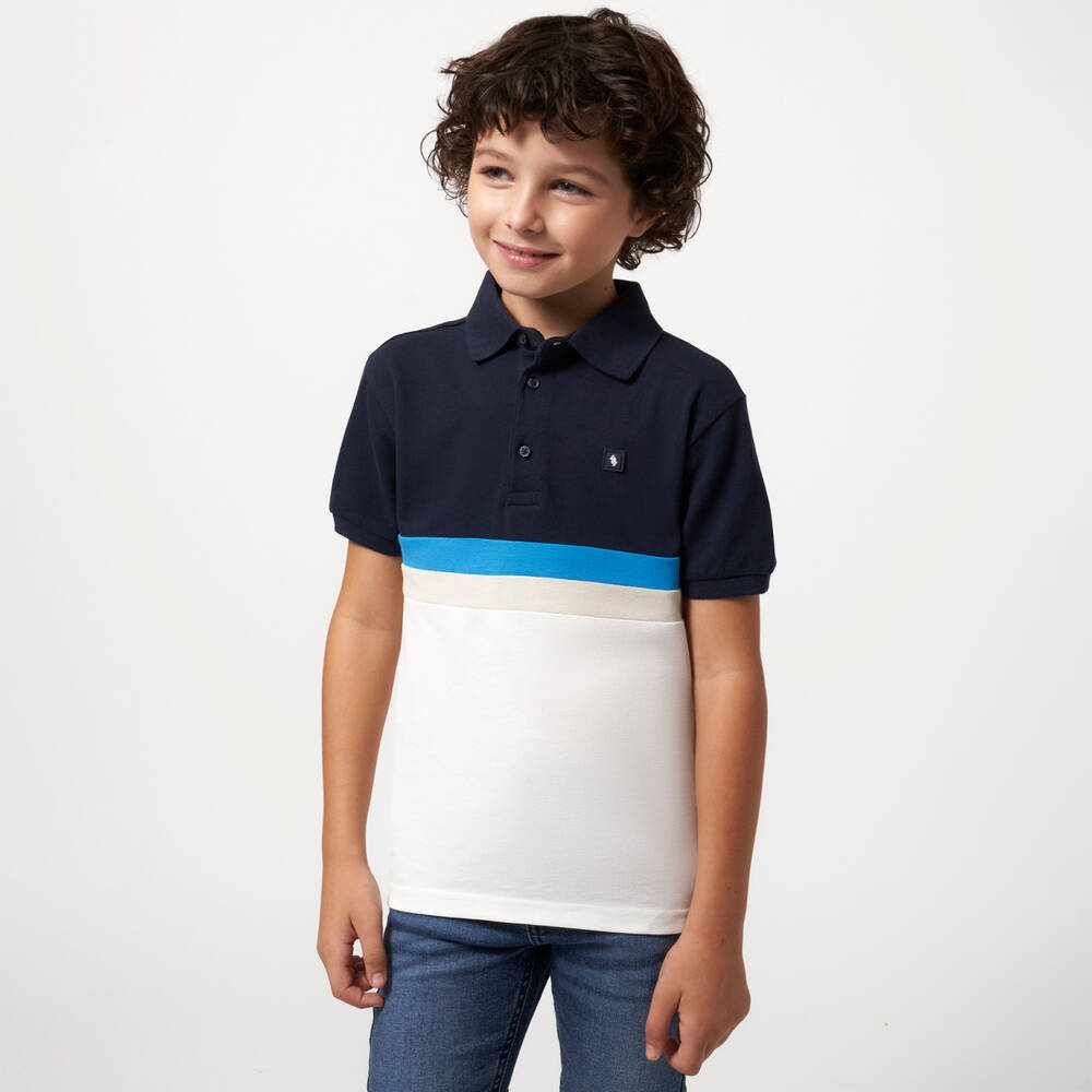 Mayoral Nukutavake-Boys Blue & White Cotton Polo Shirt | Childrensalon Outlet
