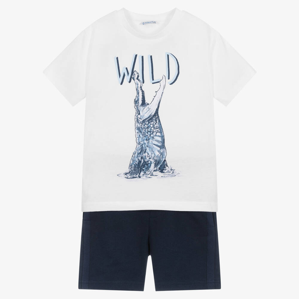 Mayoral - Boys Blue & White Cotton Short Set | Childrensalon