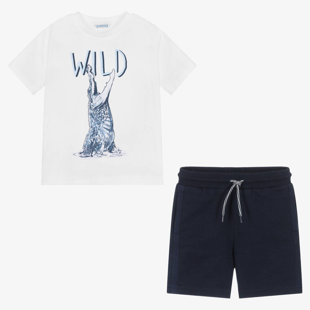 Mayoral-Boys Blue & White Cotton Short Set | Childrensalon Outlet