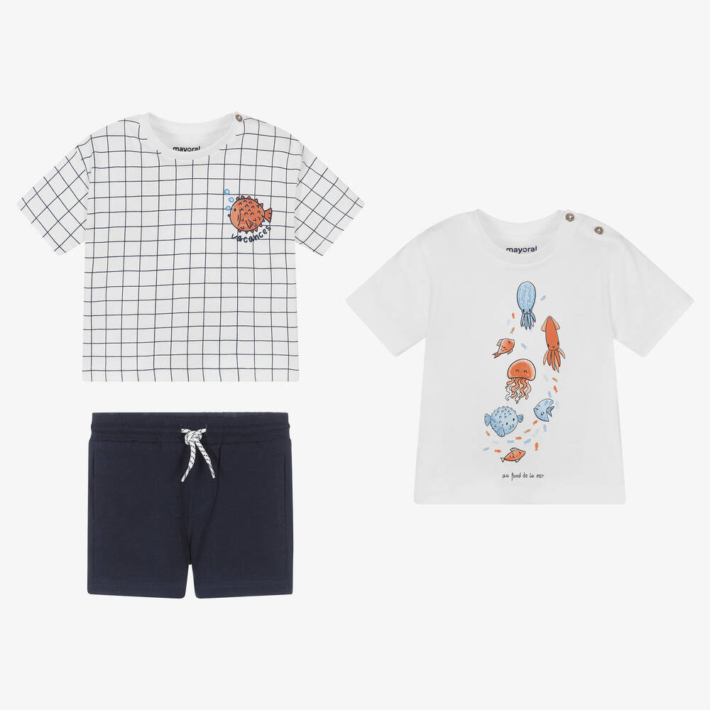 Mayoral - Бело-синий комплект с шортами из хлопка | Childrensalon