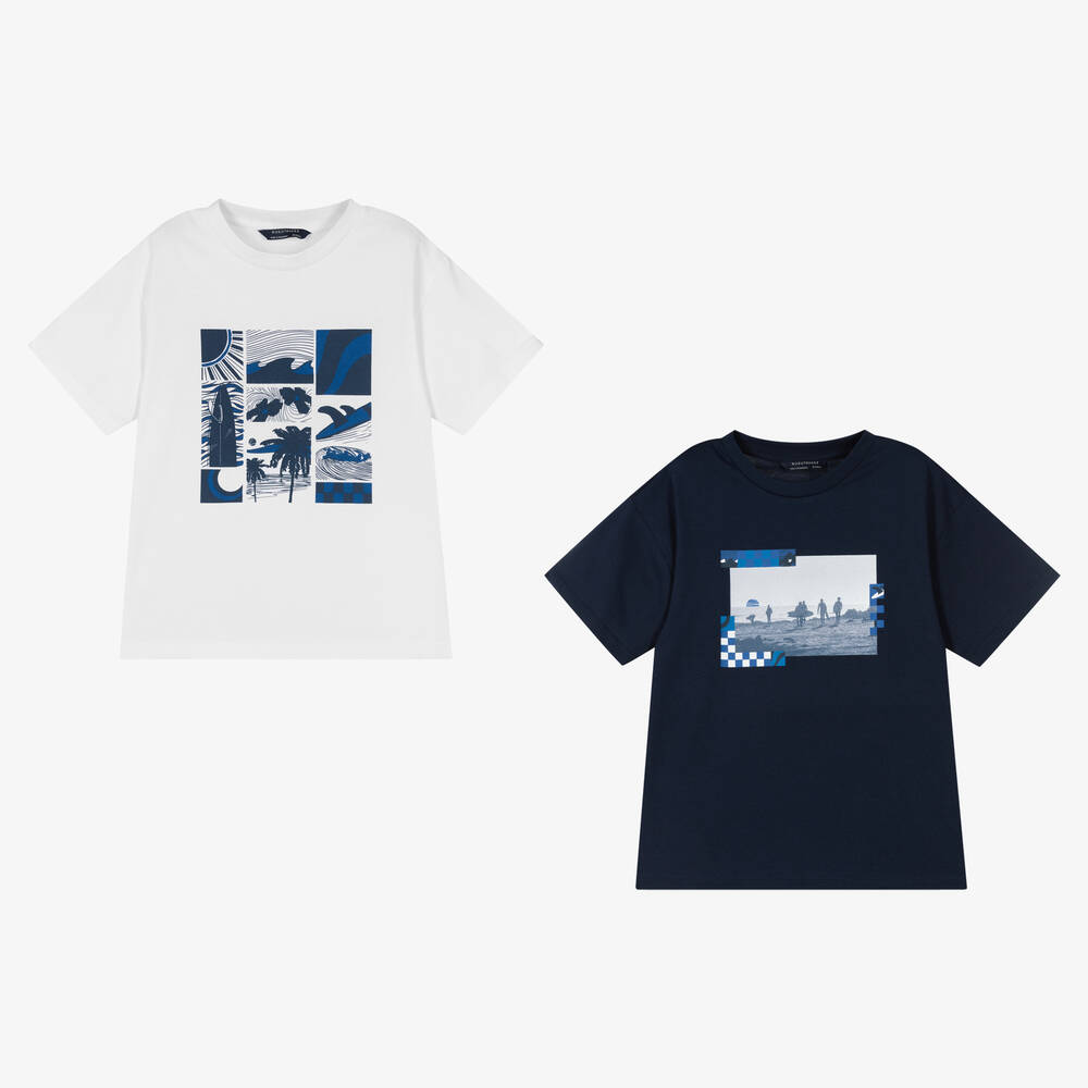 Mayoral - Boys Blue & White Cotton T-Shirts (2 Pack) | Childrensalon