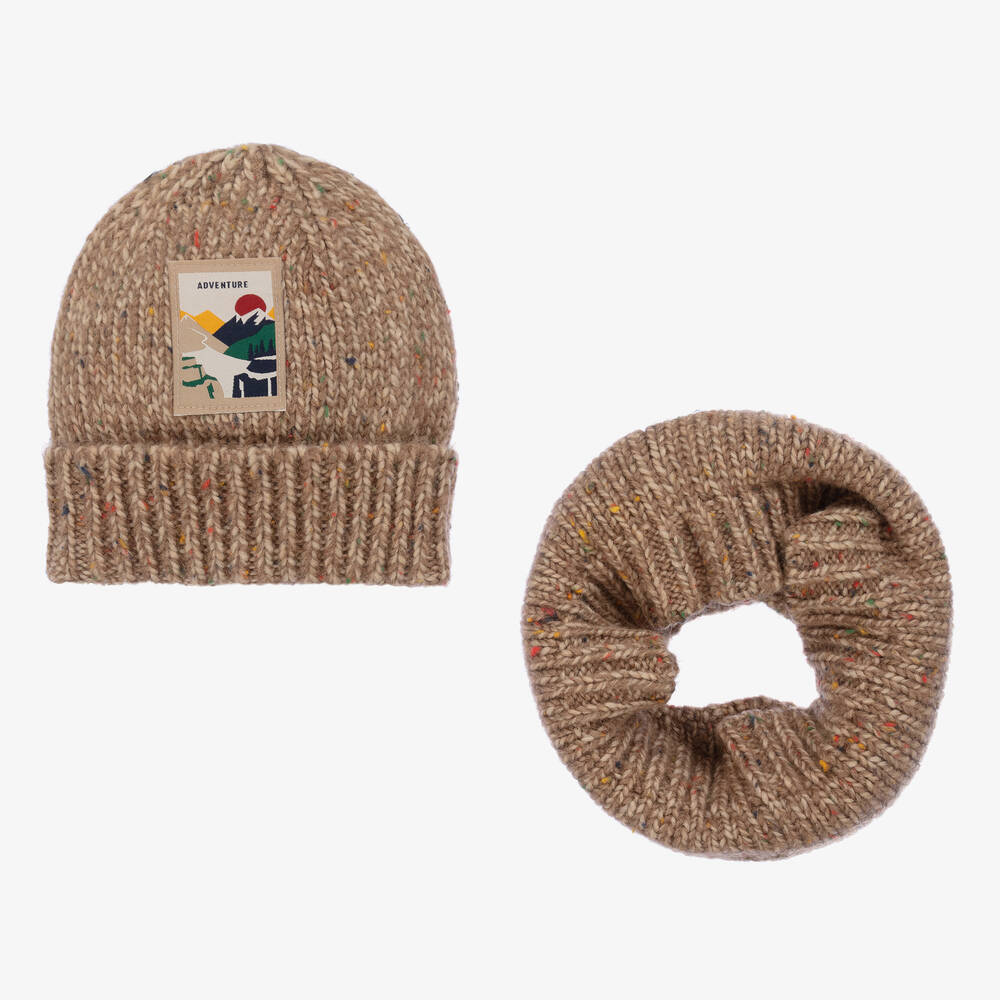 Mayoral - Boys Brown Knitted Hat & Snood Set | Childrensalon