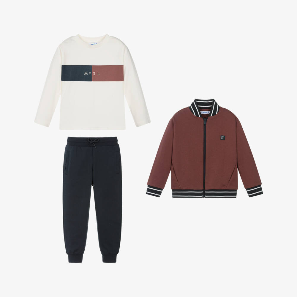 Mayoral-Boys Burgundy Red & Navy Blue 3 Piece Cotton Tracksuit | Childrensalon Outlet