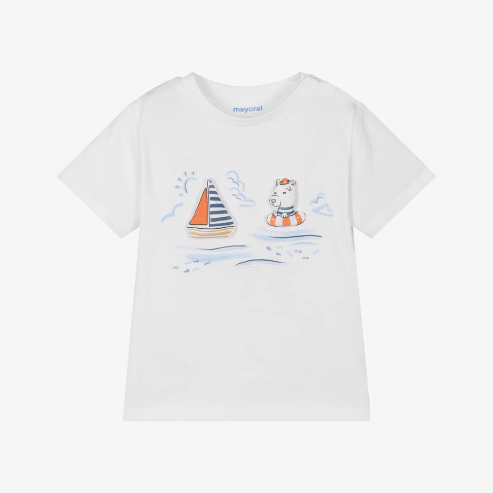 Mayoral-Boys Coastal Cotton Tee in White | Childrensalon Outlet