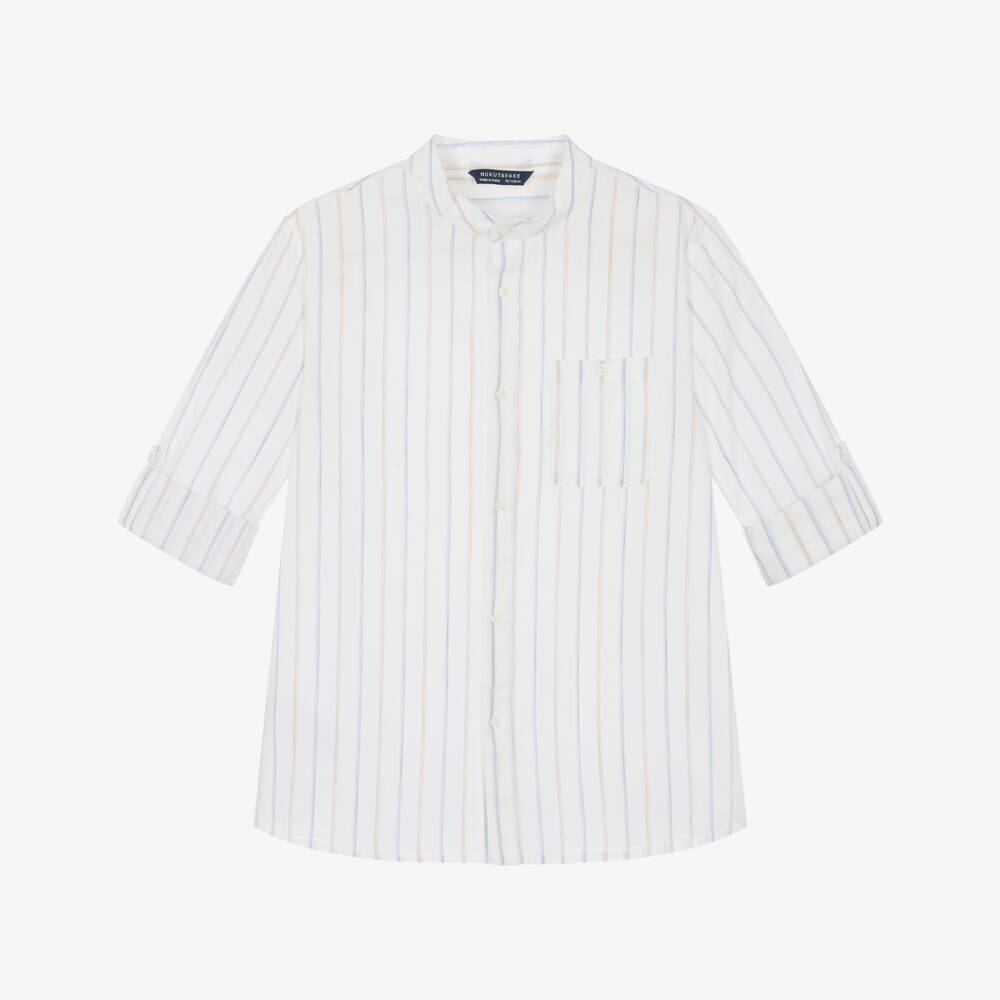 Mayoral Nukutavake-Boys Collarless Ivory Striped Shirt | Childrensalon Outlet