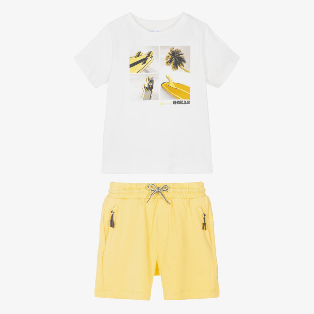 Mayoral-Boys Cotton Surfboard Yellow Shorts Ensemble | Childrensalon Outlet