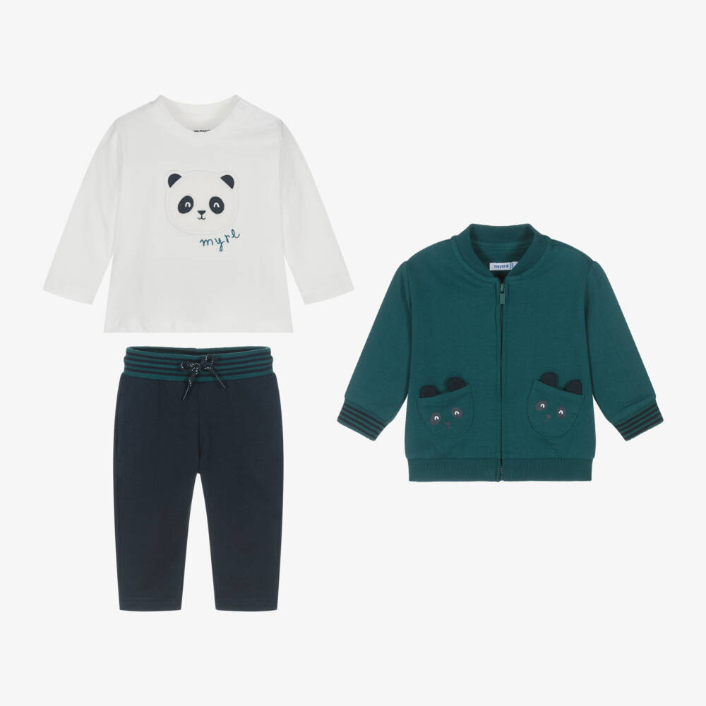 Mayoral-Boys Cozy Green & Blue Panda Ensemble | Childrensalon Outlet