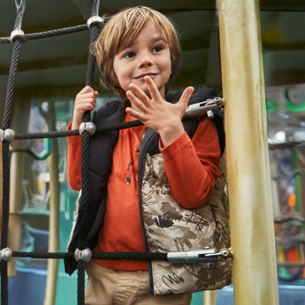Mayoral-Boys Dark Grey & Beige Reversible Hooded Puffer Gilet | Childrensalon Outlet