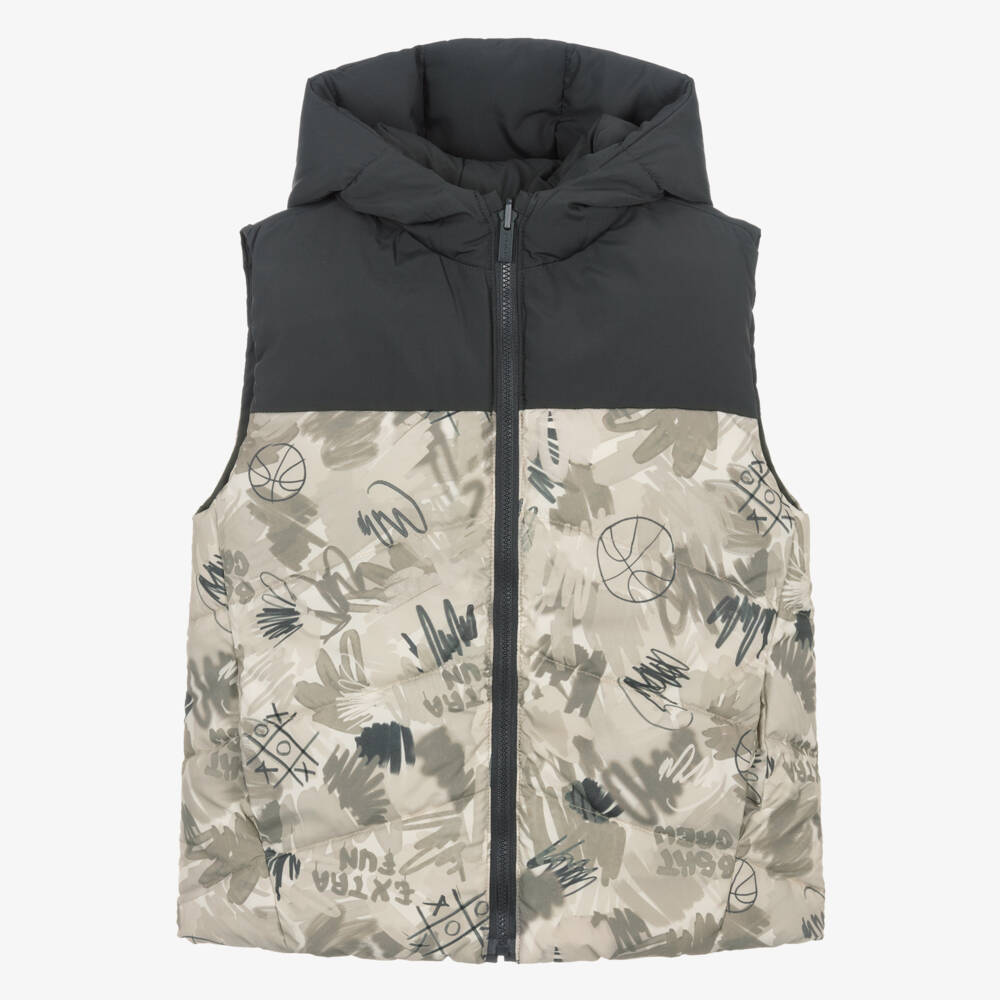 Mayoral-Boys Dark Grey & Beige Reversible Hooded Puffer Gilet | Childrensalon Outlet