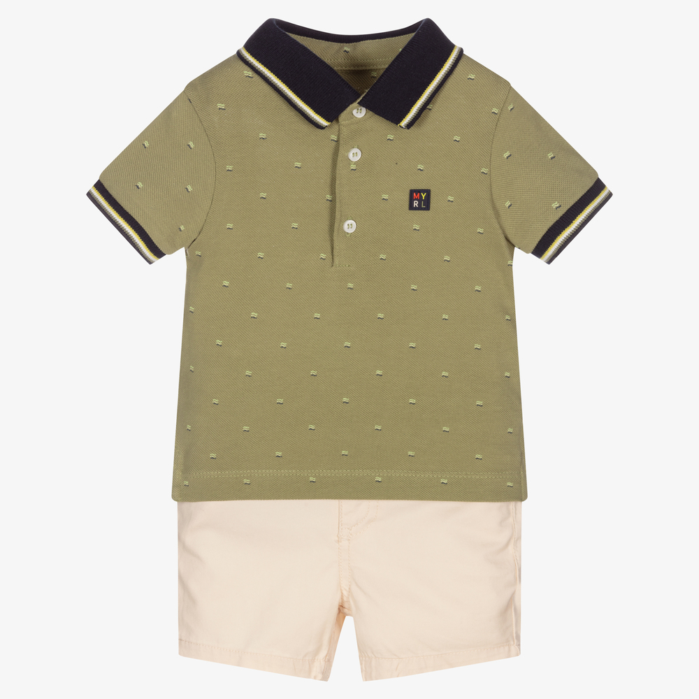 Mayoral - Зеленая футболка и бежевые шорты для мальчиков | Childrensalon