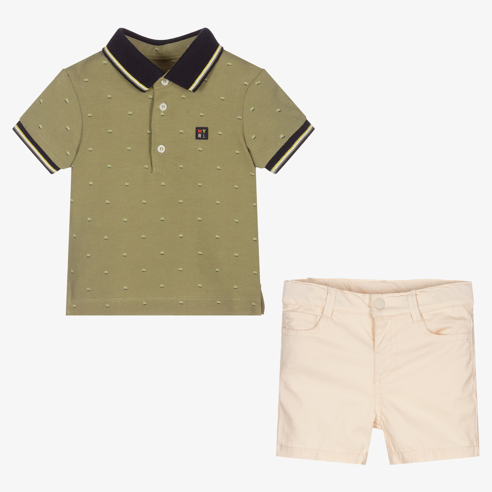 Mayoral-طقم شورت أطفال ولادي قطن لون أخضر وبيج | Childrensalon Outlet