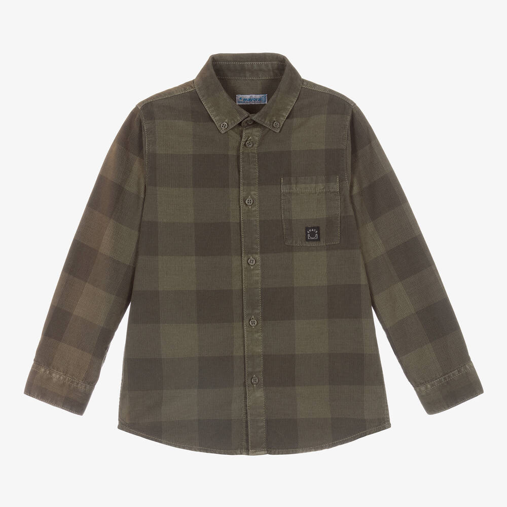 Mayoral - Boys Green Check Corduroy Shirt | Childrensalon