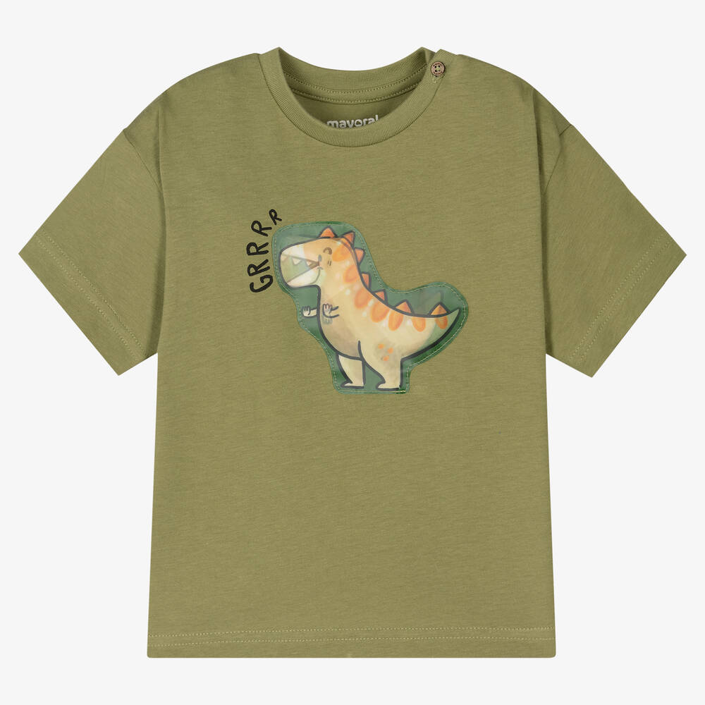 Mayoral - Зеленая хлопковая футболка с динозавром для мальчиков | Childrensalon