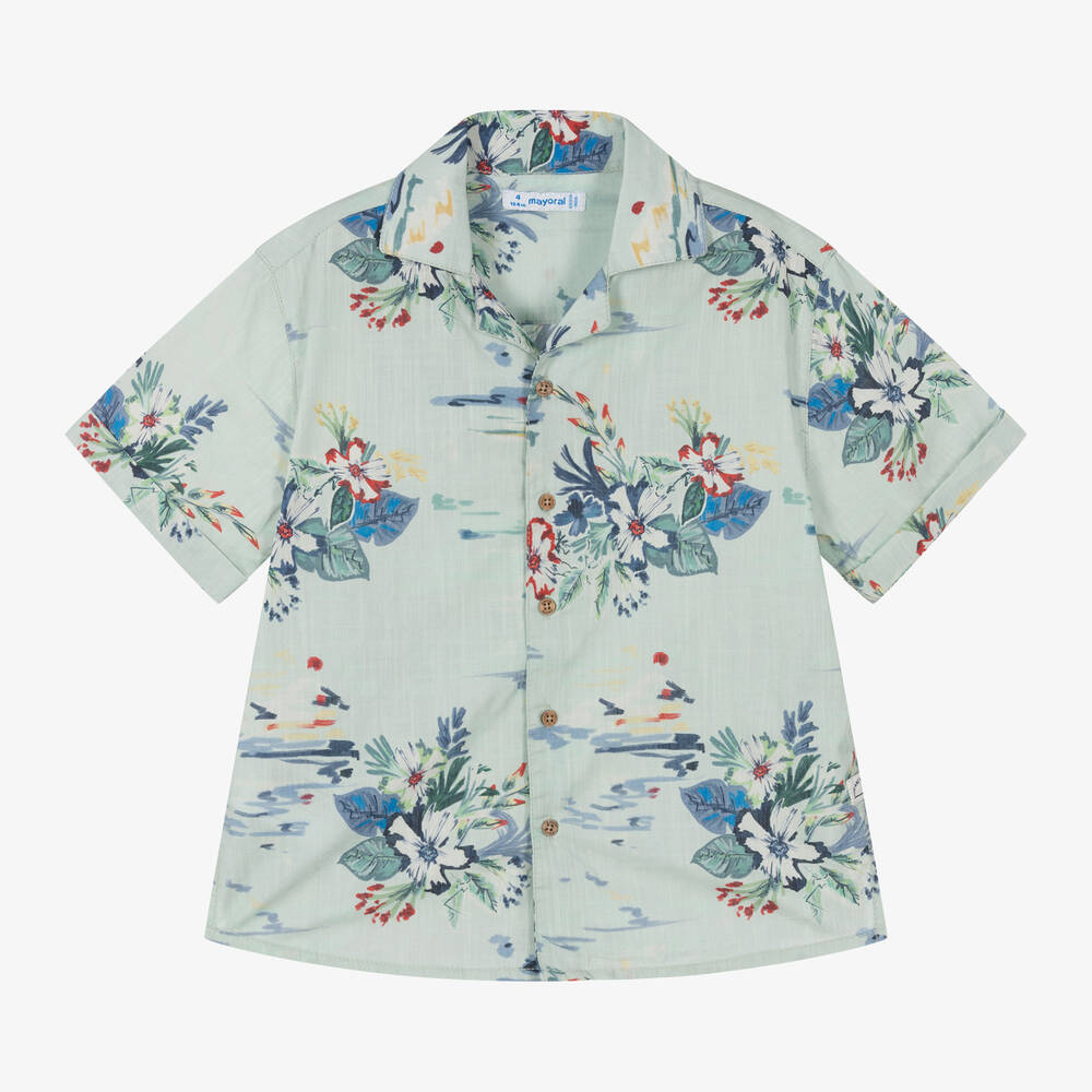 Mayoral-Boys Green Cotton Floral Print Shirt | Childrensalon Outlet