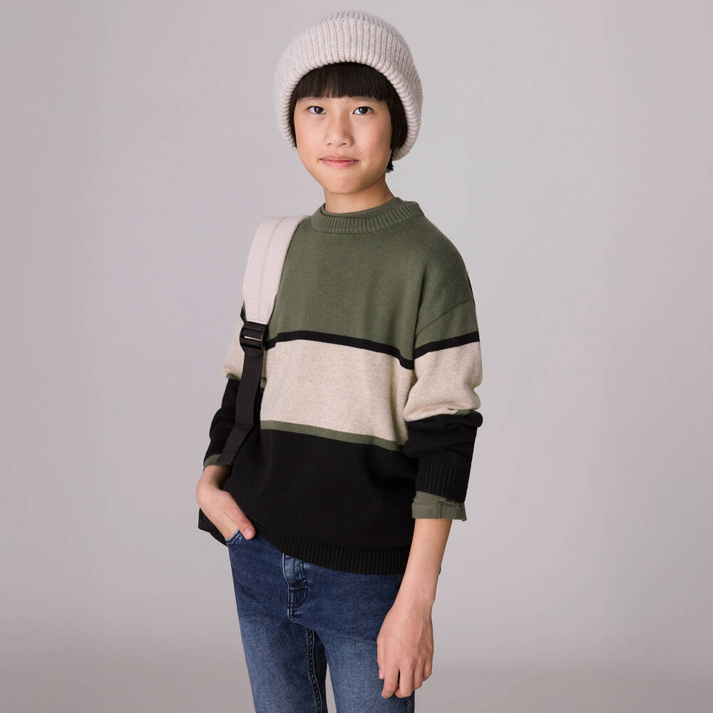 Mayoral Nukutavake-Boys Green Cotton & Wool Colourblock Sweater | Childrensalon Outlet