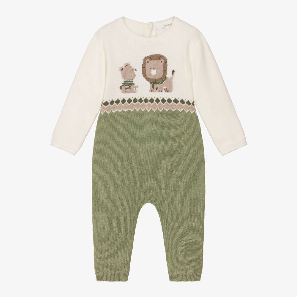 Mayoral Newborn-Boys Green & Ivory Cotton Knit Babygrow with Bear & Lion | Childrensalon Outlet