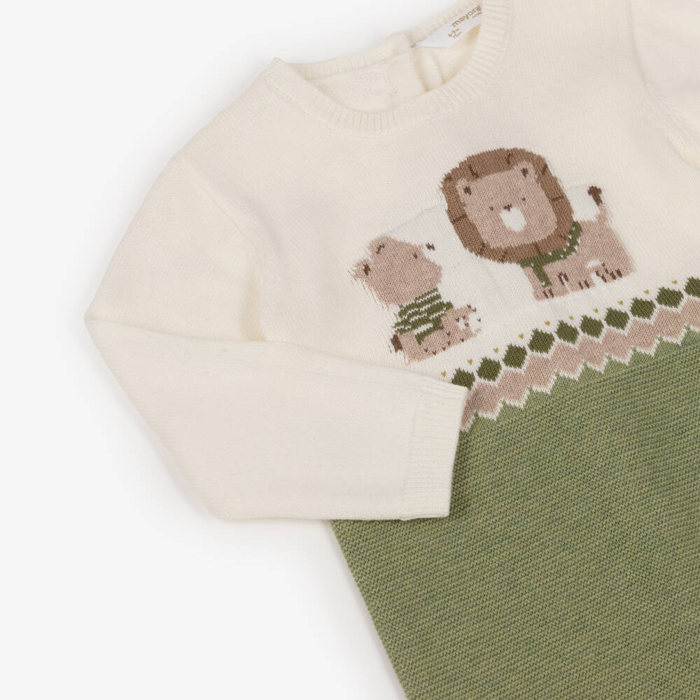 Mayoral Newborn-Boys Green & Ivory Cotton Knit Babygrow with Bear & Lion | Childrensalon Outlet