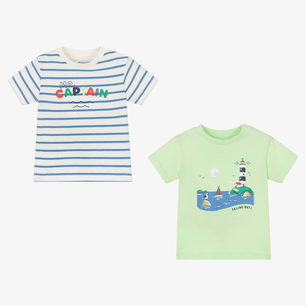 Mayoral - Lot de 2 t-shirts en coton vert et ivoire garçon | Childrensalon