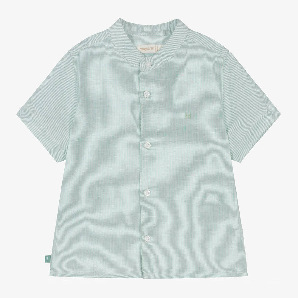 Mayoral-Boys Green Striped Cotton & Linen Shirt | Childrensalon Outlet