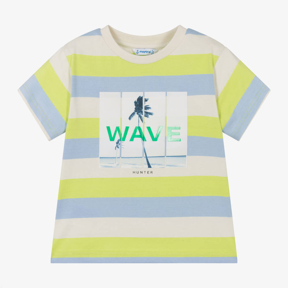 Mayoral-Boys Green Striped Cotton Wave T-Shirt | Childrensalon Outlet