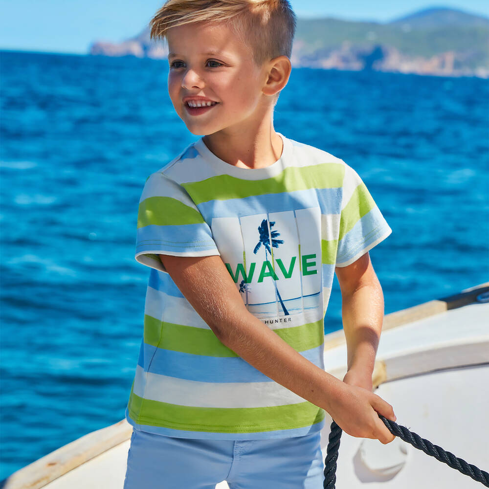 Mayoral-Boys Green Striped Cotton Wave T-Shirt | Childrensalon Outlet