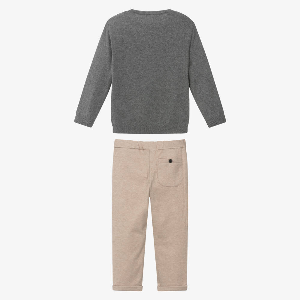 Mayoral-Boys Grey & Beige Cotton Knit Bear & Walrus Trouser Set | Childrensalon Outlet