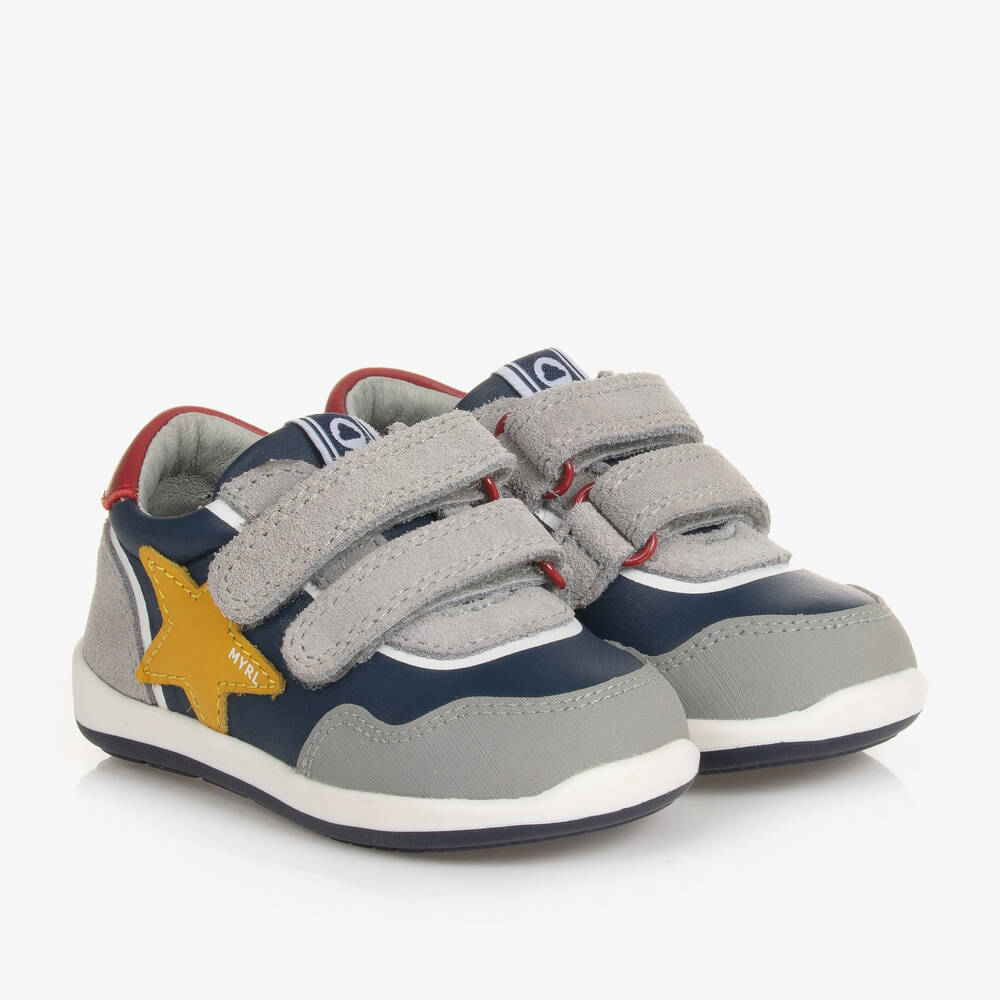 Mayoral - Boys Grey & Blue Leather Star Trainers | Childrensalon