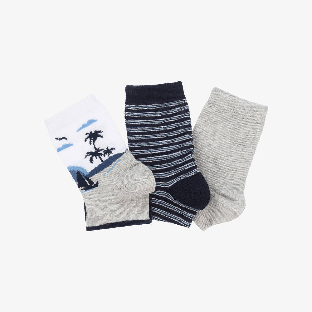 Mayoral-جوارب مزيج قطن محبوك لون رمادي وكحلي (عدد 3) | Childrensalon Outlet