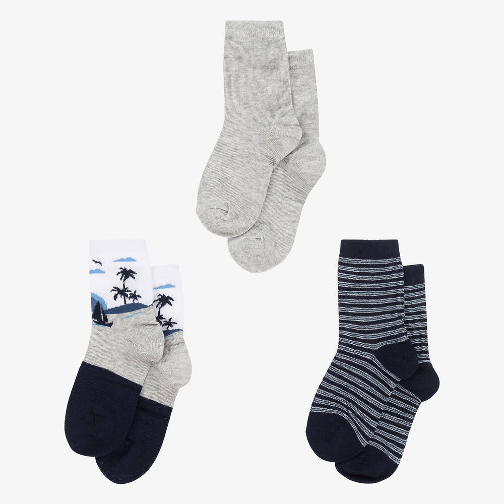 Mayoral-جوارب مزيج قطن محبوك لون رمادي وكحلي (عدد 3) | Childrensalon Outlet