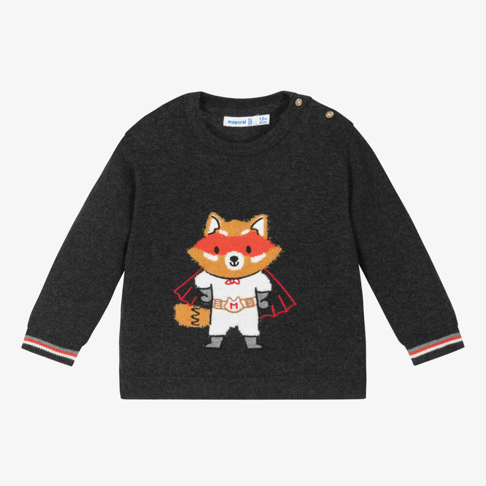 Mayoral - Boys Grey Cotton Knitted Fox Sweater | Childrensalon