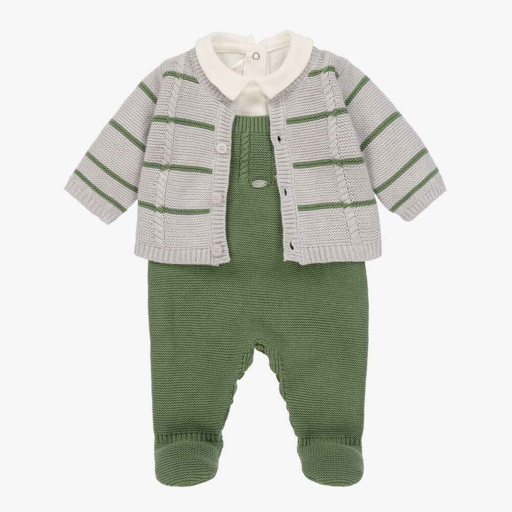 Mayoral - Boys Grey & Green Knitted Babysuit Set | Childrensalon