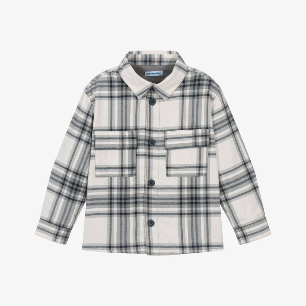 Mayoral-Boys Grey & Ivory Cotton Checked Shacket | Childrensalon Outlet