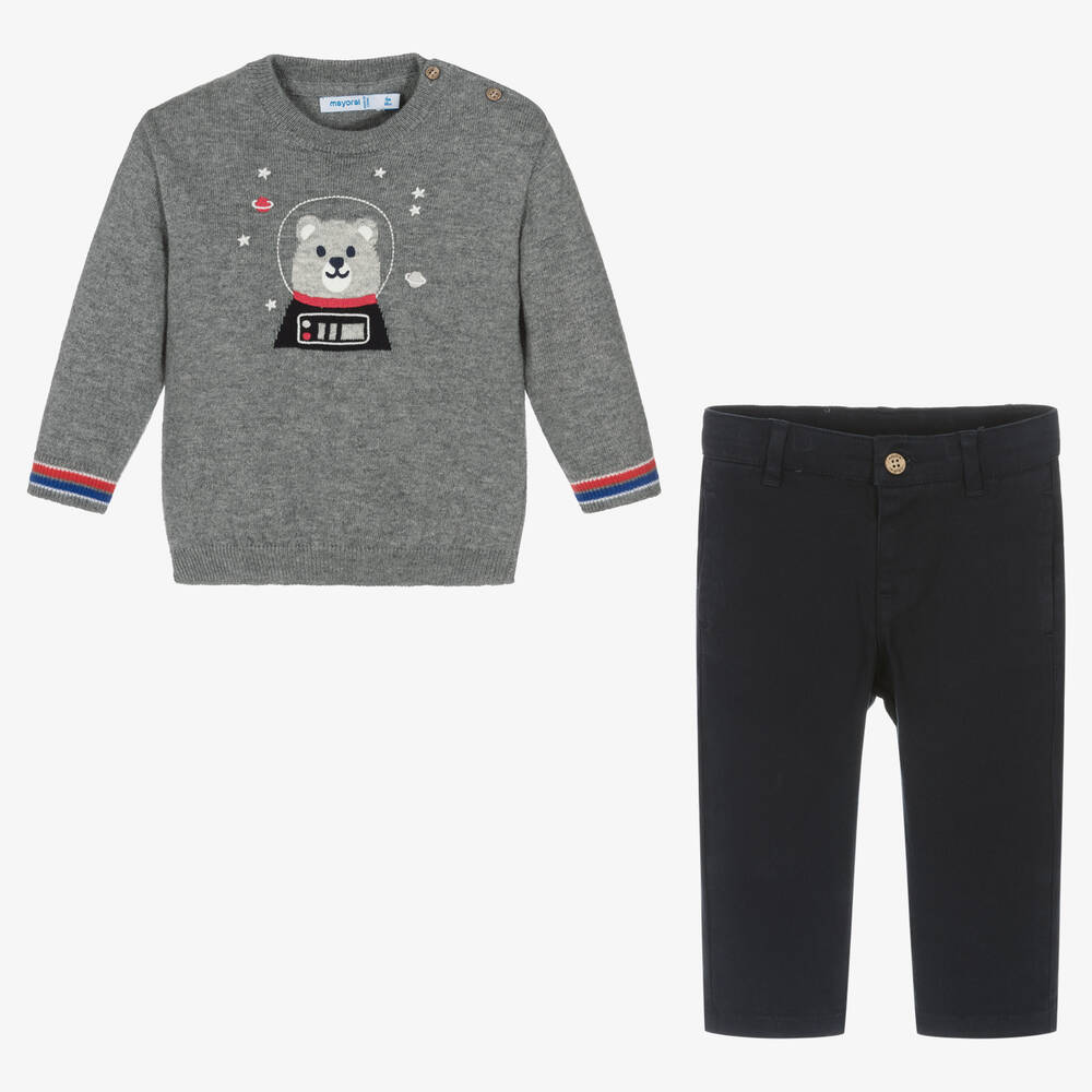 Mayoral-Boys Grey Sweater & Navy Blue Trouser Set | Childrensalon Outlet