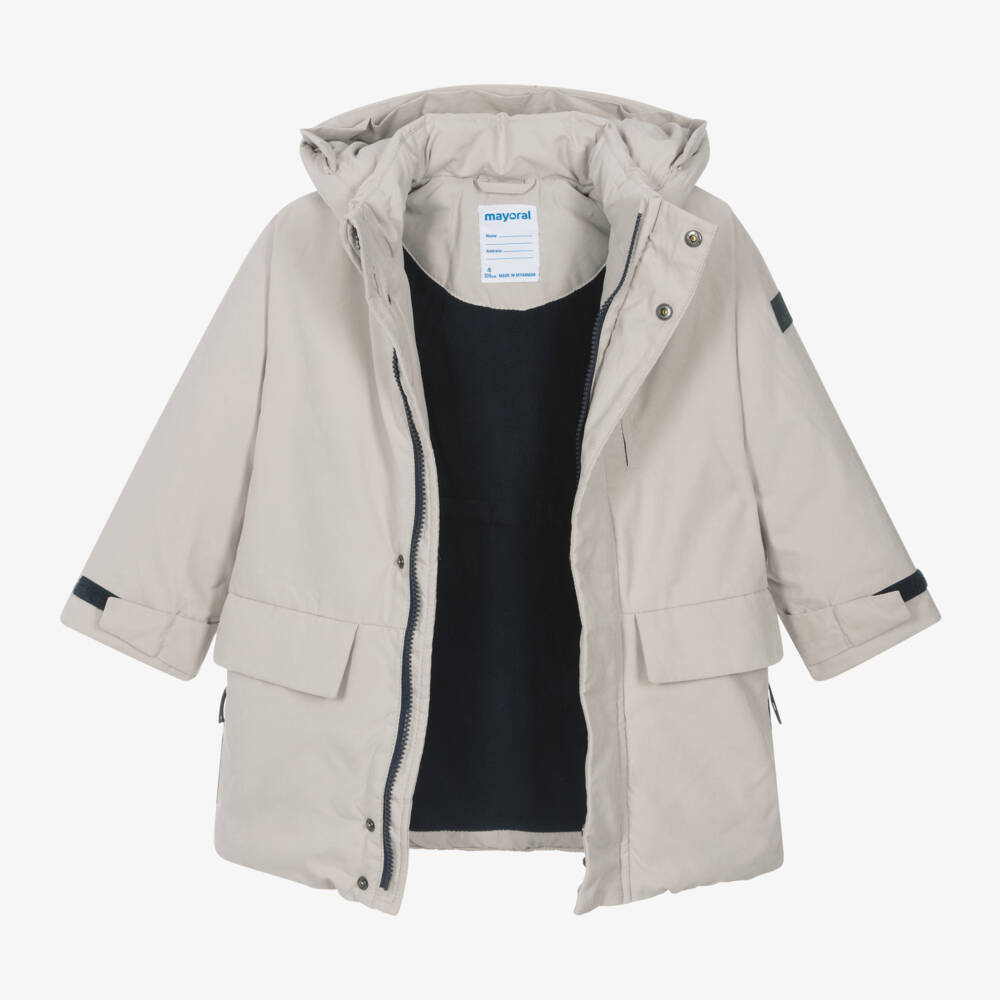 Mayoral-Boys Hooded Beige Parka Jacket | Childrensalon Outlet