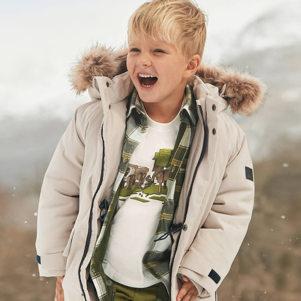Mayoral-Boys Hooded Beige Parka Jacket | Childrensalon Outlet
