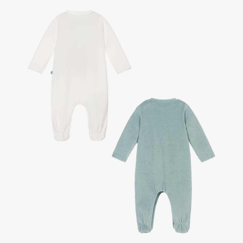 Mayoral Newborn-Boys Ivory & Aqua Green Velour Babygrows (2 Pack) | Childrensalon Outlet