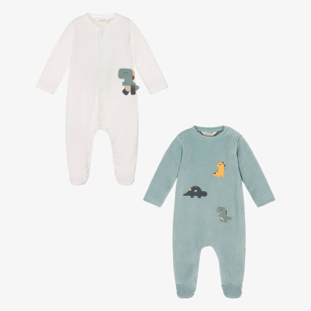 Mayoral Newborn-Boys Ivory & Aqua Green Velour Babygrows (2 Pack) | Childrensalon Outlet