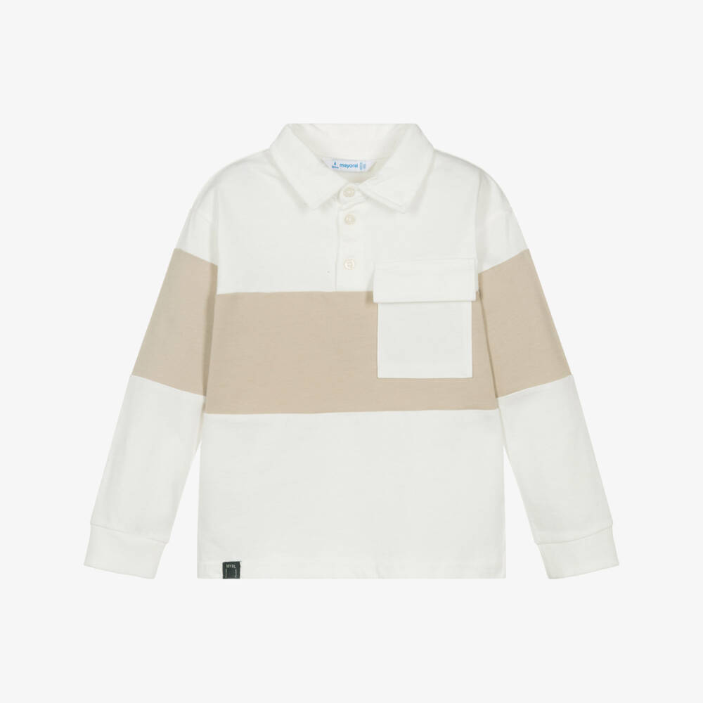 Mayoral-Boys Ivory & Beige Cotton Long-Sleeved Polo Shirt | Childrensalon Outlet