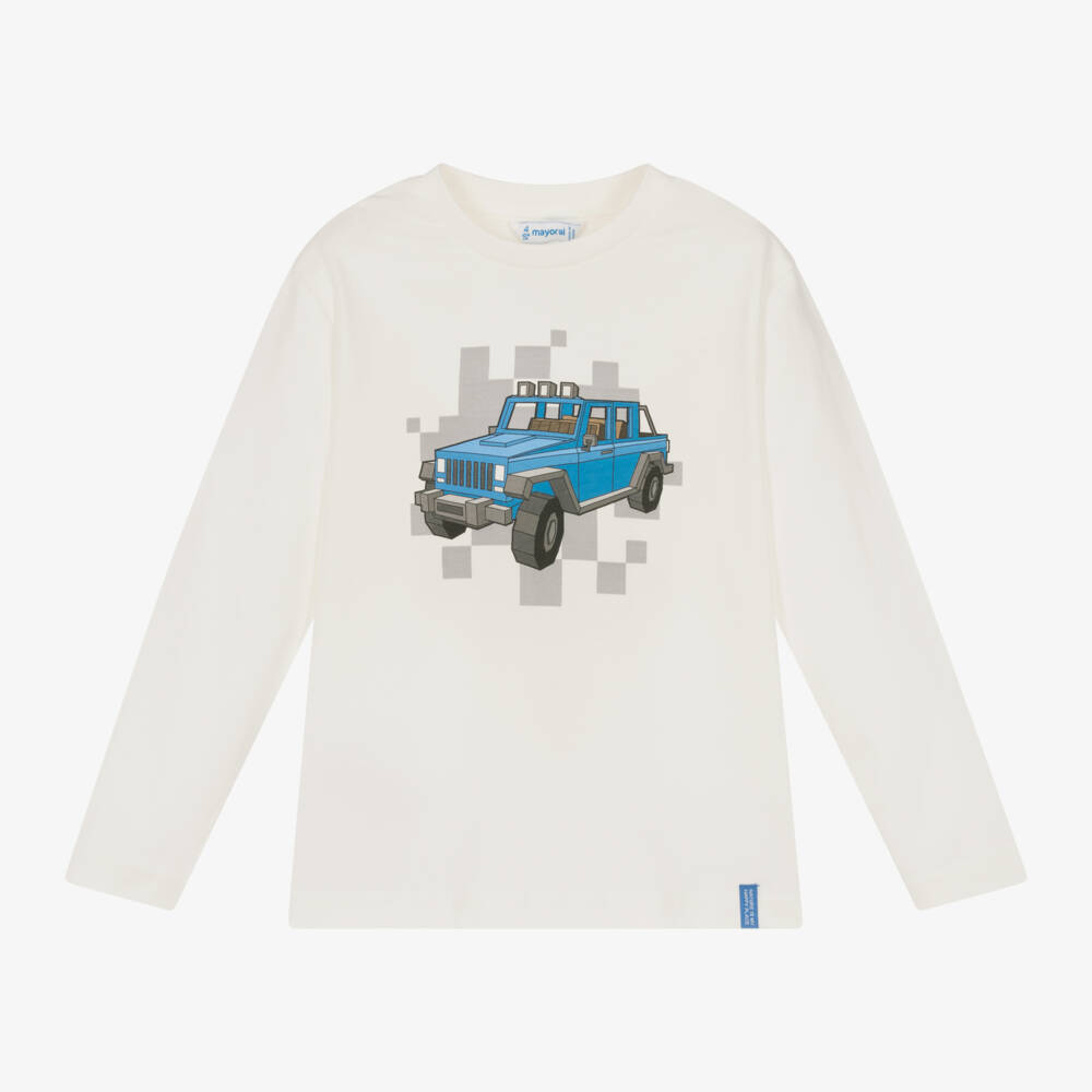 Mayoral-Boys Ivory Blue Car Graphic Shirt | Childrensalon Outlet