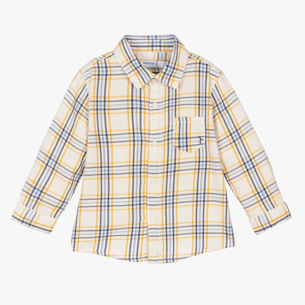 Mayoral - Boys Ivory & Blue Check Shirt | Childrensalon