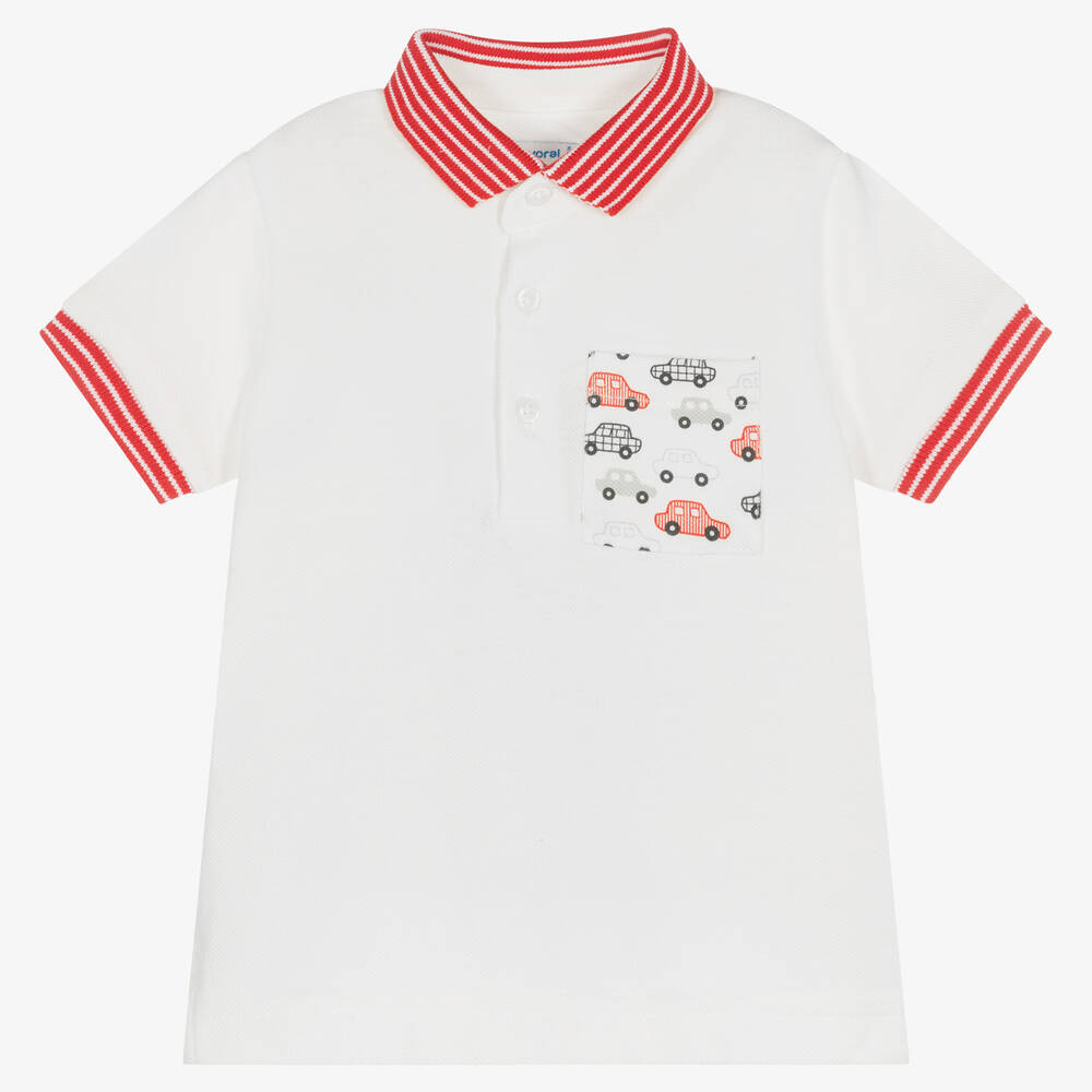 Mayoral - Кремовая хлопковая рубашка поло с машинами | Childrensalon