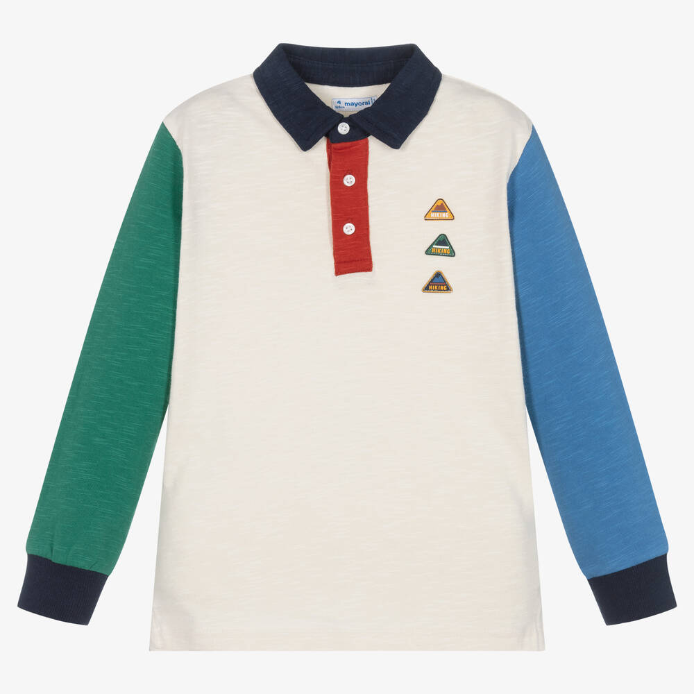 Mayoral - Boys Ivory Cotton Colourblock Rugby Top | Childrensalon