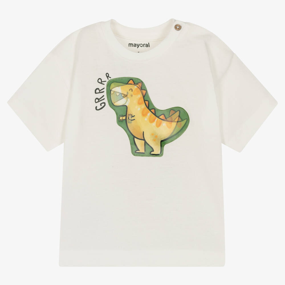 Mayoral - Кремовая хлопковая футболка с динозавром | Childrensalon