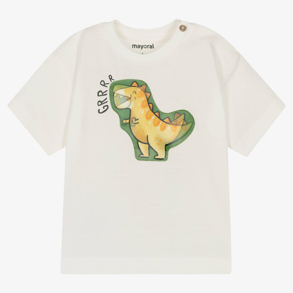 Mayoral - Boys Ivory Cotton Dinosaur T-Shirt | Childrensalon