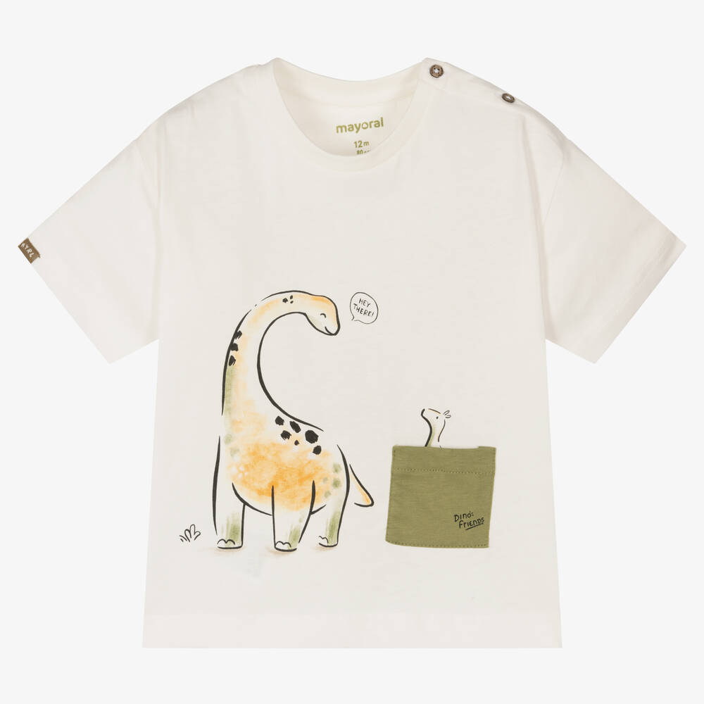Mayoral - Boys Ivory Cotton Dinosaur T-Shirt | Childrensalon