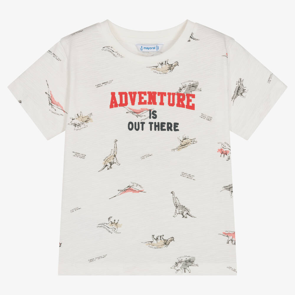 Mayoral - Boys Ivory Cotton Dinosaur T-Shirt | Childrensalon