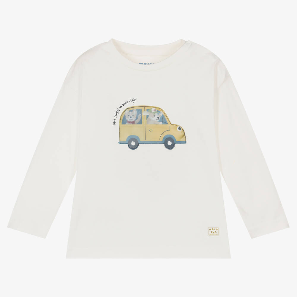 Mayoral-Boys Ivory Cotton Jersey Car Top | Childrensalon Outlet