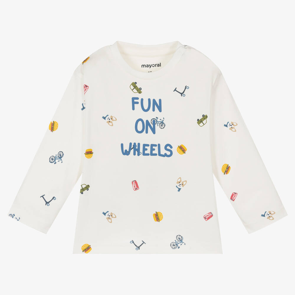 Mayoral-Boys Ivory Cotton Jersey Slogan Top | Childrensalon Outlet