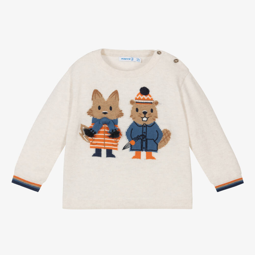Mayoral - Boys Ivory Cotton Knitted Fox Sweater | Childrensalon
