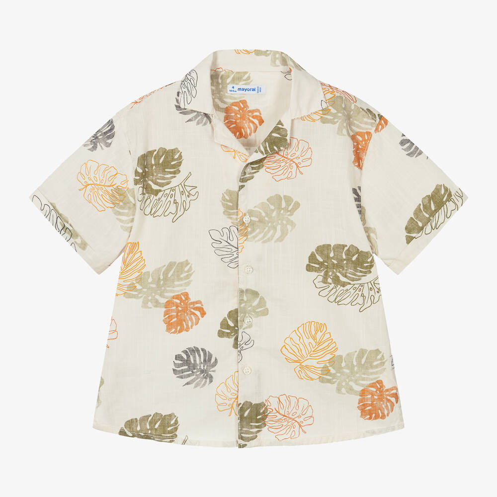 Mayoral-Boys Ivory Cotton Leaf Print Shirt | Childrensalon Outlet